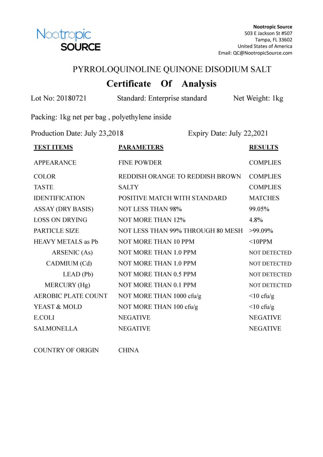 Buy PQQ Disodium Salt Nootropic Source